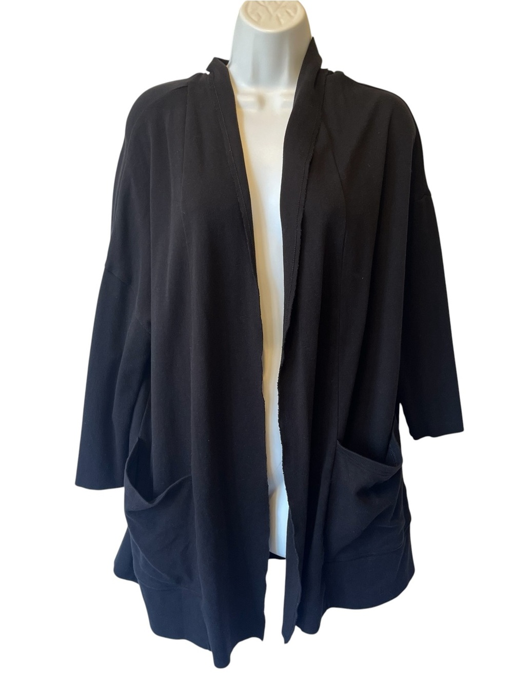 Pact Sweater Airplane Cardigan M L Black Organic Cotton Pocket Open Front Womens